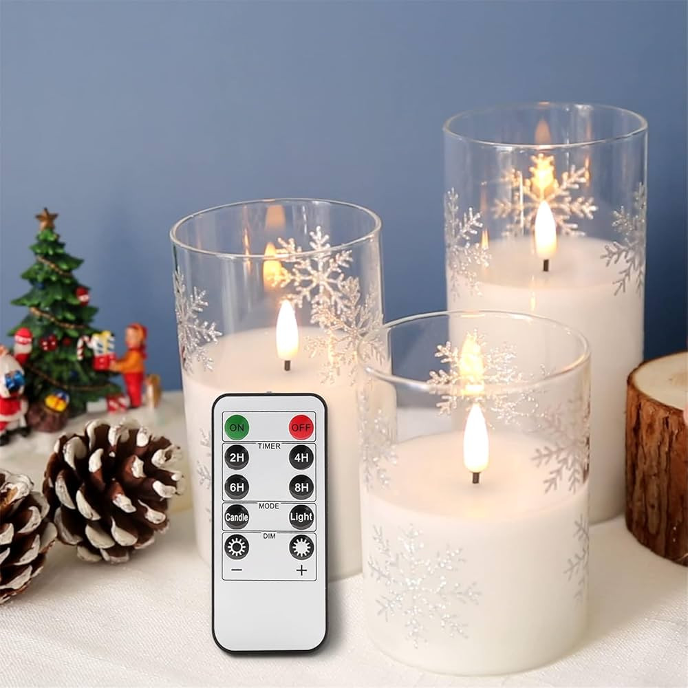 Girimax Clear Snowflakes Glass Flameless Pillar Candles with Remote, Real Wax Battery Operated Ch... | Amazon (US)