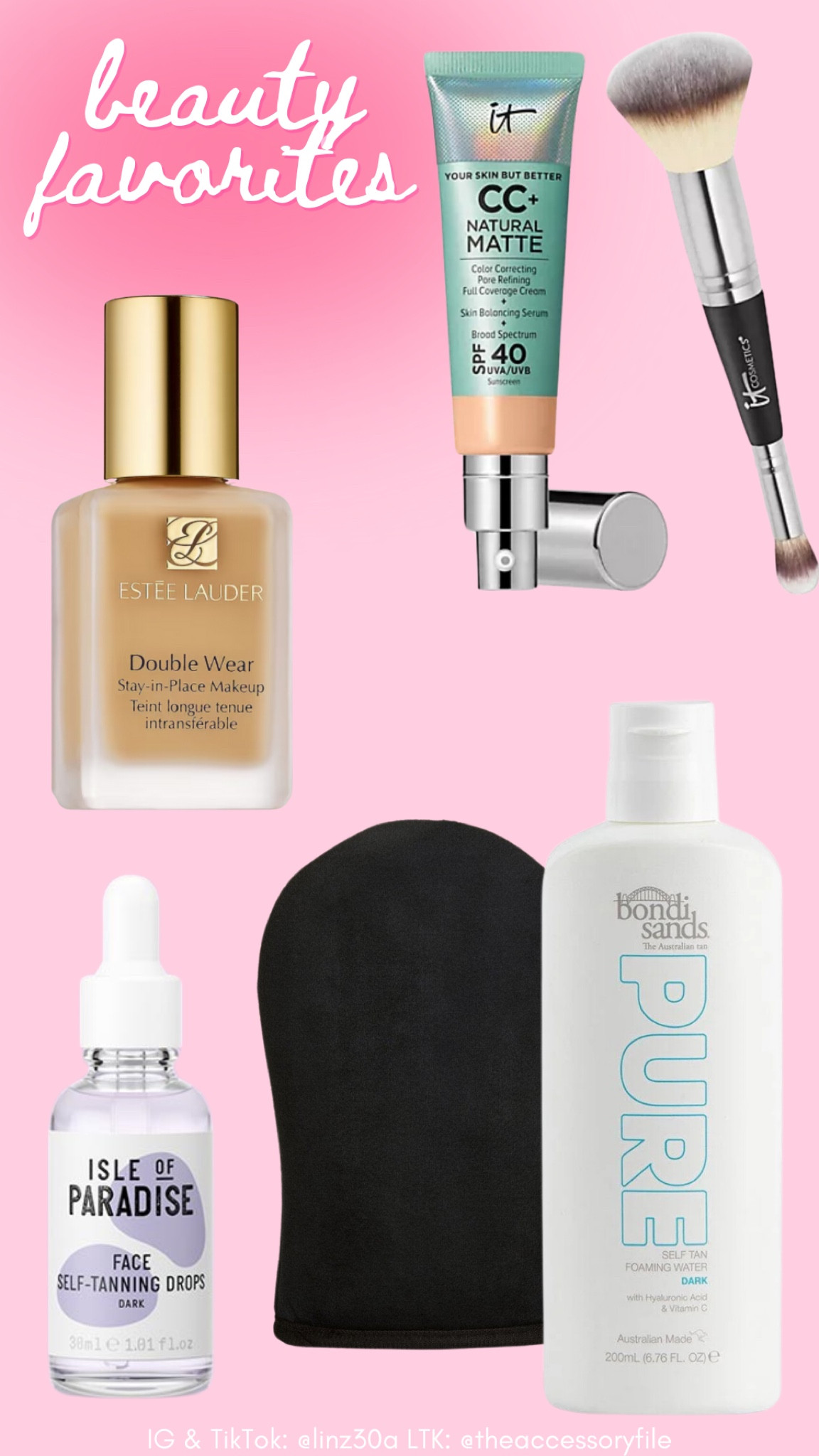 My favorite foundations & self-tanner!

Here lately, I’ve been mixing the two foundations. I wear Shell Beige in the Double Wear and Neutral Tan in the ItCosmetics. 

The tanning drops I use about 5-8 drops and mix into my moisturizer and apply about 30 mins to an hour before bed. I use shade Dark.

The tanning water comes out as a foam and I apply this before I dry my hair and use my hair dryer to help speed up the drying time. What I love about it is that it doesn’t require rinsing off. I do apply lotion to my palms, nail beds, and any dry spots like elbows before applying. I use shade dark.

Self tanner, beauty products, gifts for her, makeup, full coverage foundation, cc cream, gifts for her 

#LTKFindsUnder100 #LTKBeauty #LTKStyleTip