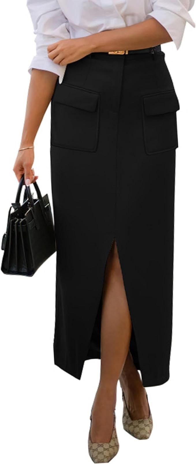 KIRUNDO Women's High Waisted Cargo Midi Skirt Trendy Summer Pencil Slit Dressy Casual Business Wo... | Amazon (US)