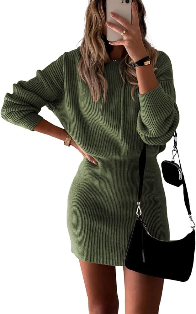 PRETTYGARDEN Women's Rib Knit Pullover Sweater Casual Long Sleeve Hooded Mini Bodycon Dress with Dra | Amazon (US)