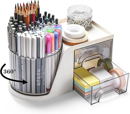 Rotating Desk Organizer with 2 Drawer, Pencil Pen Holder for Desk, Desk Organizers and Accessorie... | Amazon (US)