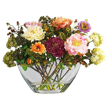 Nearly Natural 14" Mixed Peony with Glass Vase | HSN
