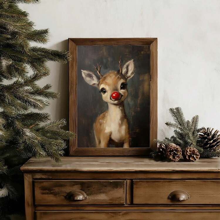 1pc Christmas Rudolph Painting Reindeer Print, Whimsical Deer Christmas, Red Nose Christmas Wall Art, Atmospheric Vintage Rudolph Poster, Rustic Artwork, Canvas Wall Art, Posters For Room, Home Decor, Room Decor Aesthetic, Room Decoration Stuff. Optional Frame Christmas Decorations | SHEIN