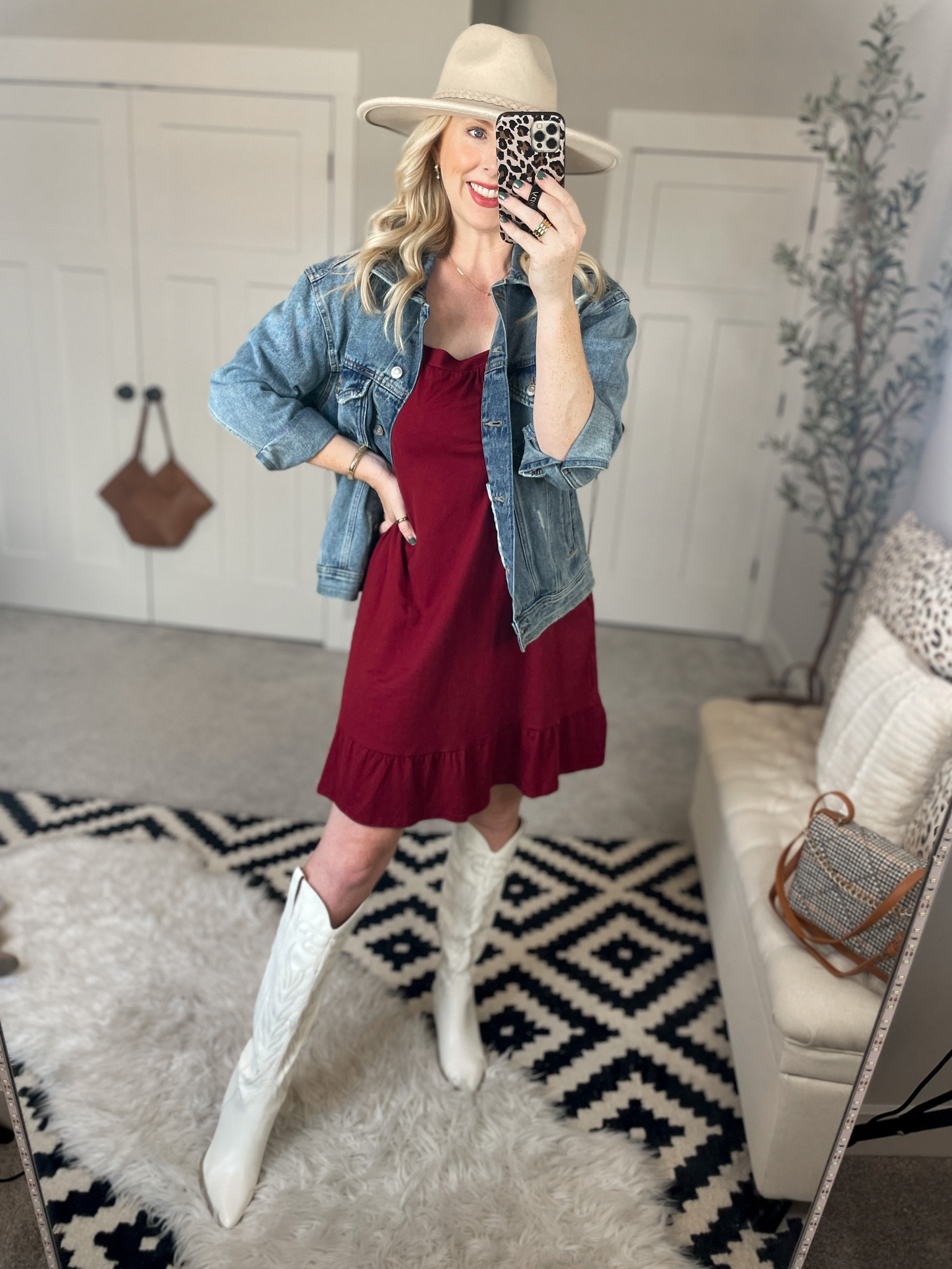 Walmart outfit, gameday outfit, concert outfit, square neck dress, boyfriend jean jacket, fall outfit, white western boots, white cowboy boots 20% off with code KELSSLAYT

#LTKSeasonal #LTKshoecrush #LTKunder50