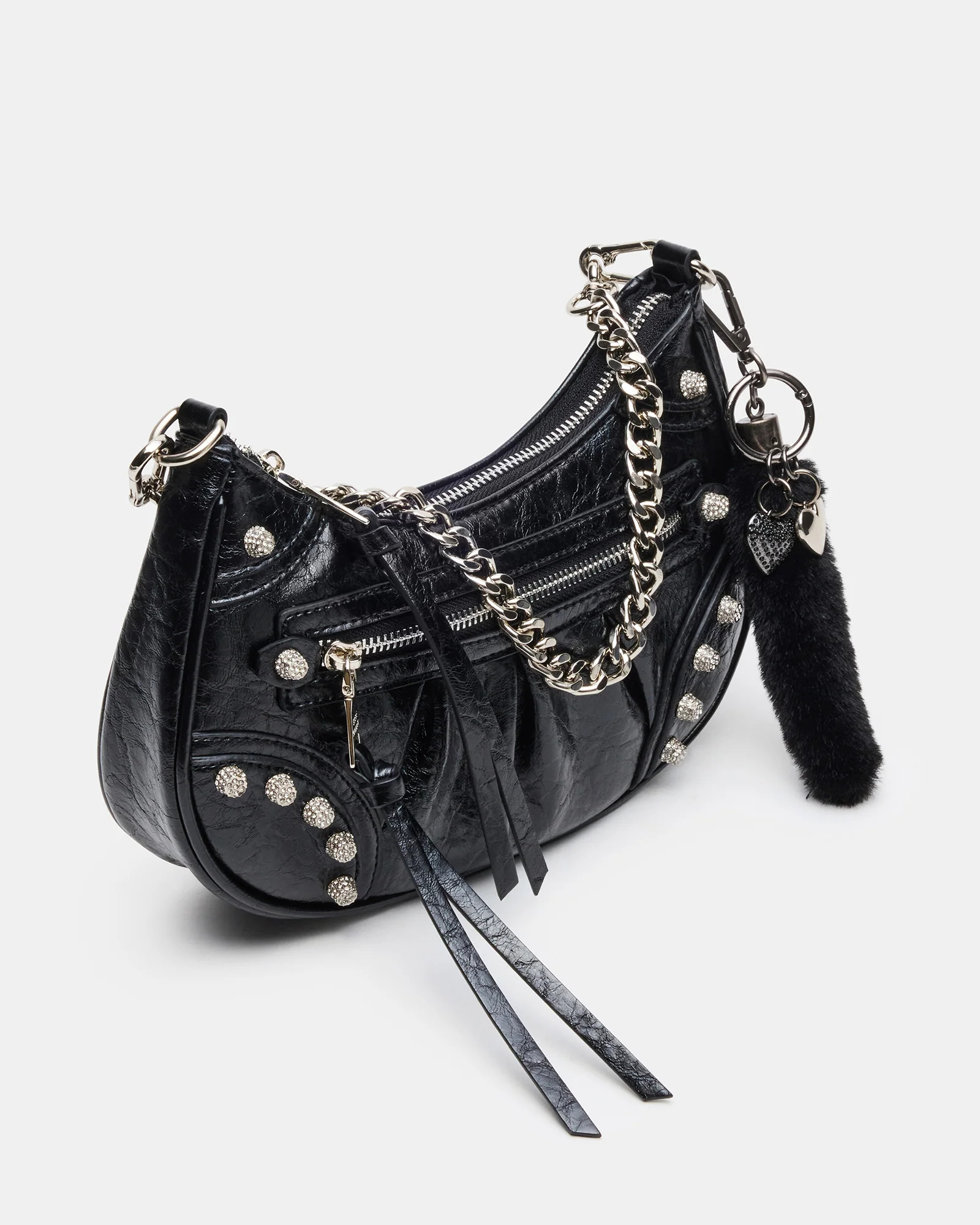 ERIKA Bag Black Rhinestone Embellished Studded Crinkle Moto Crossbody Handbag | Steve Madden (US)