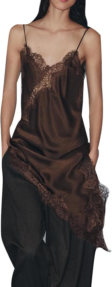 Amiblvowa Women Lace Mini Slip Dress Satin Spaghetti Strap Asymmetrical Dress Sexy Low Cut V Neck... | Amazon (US)