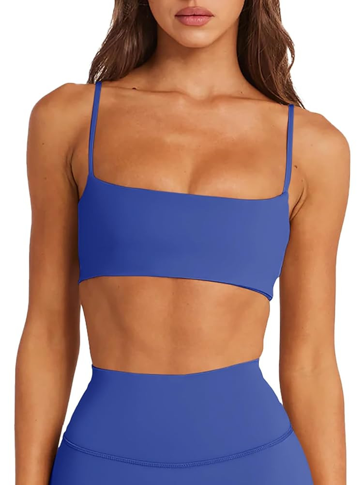 LASLULU Womens Adjustable Spaghetti Straps Sports Bra Square Neck Wireless Padded Workout Yoga Cr... | Amazon (US)