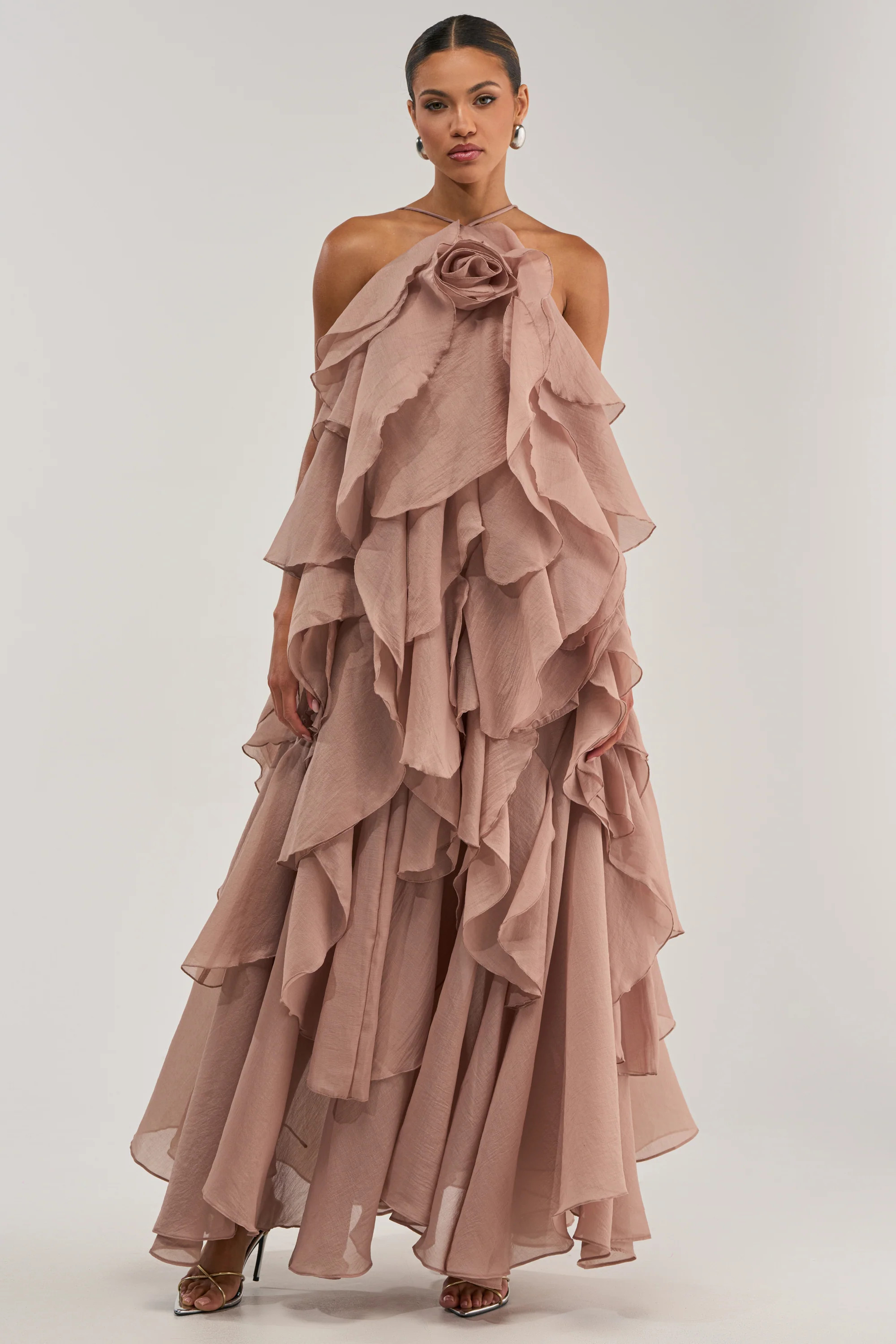 GOLDEN HOUR FLORAL CHIFFON MAXI DRESS IN MAUVE | AKIRA