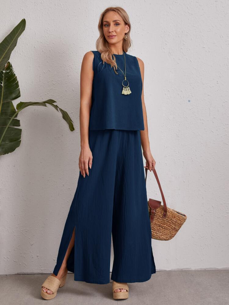 EMERY ROSE Keyhole Back Solid Top & Split Hem Palazzo Pants Set | SHEIN