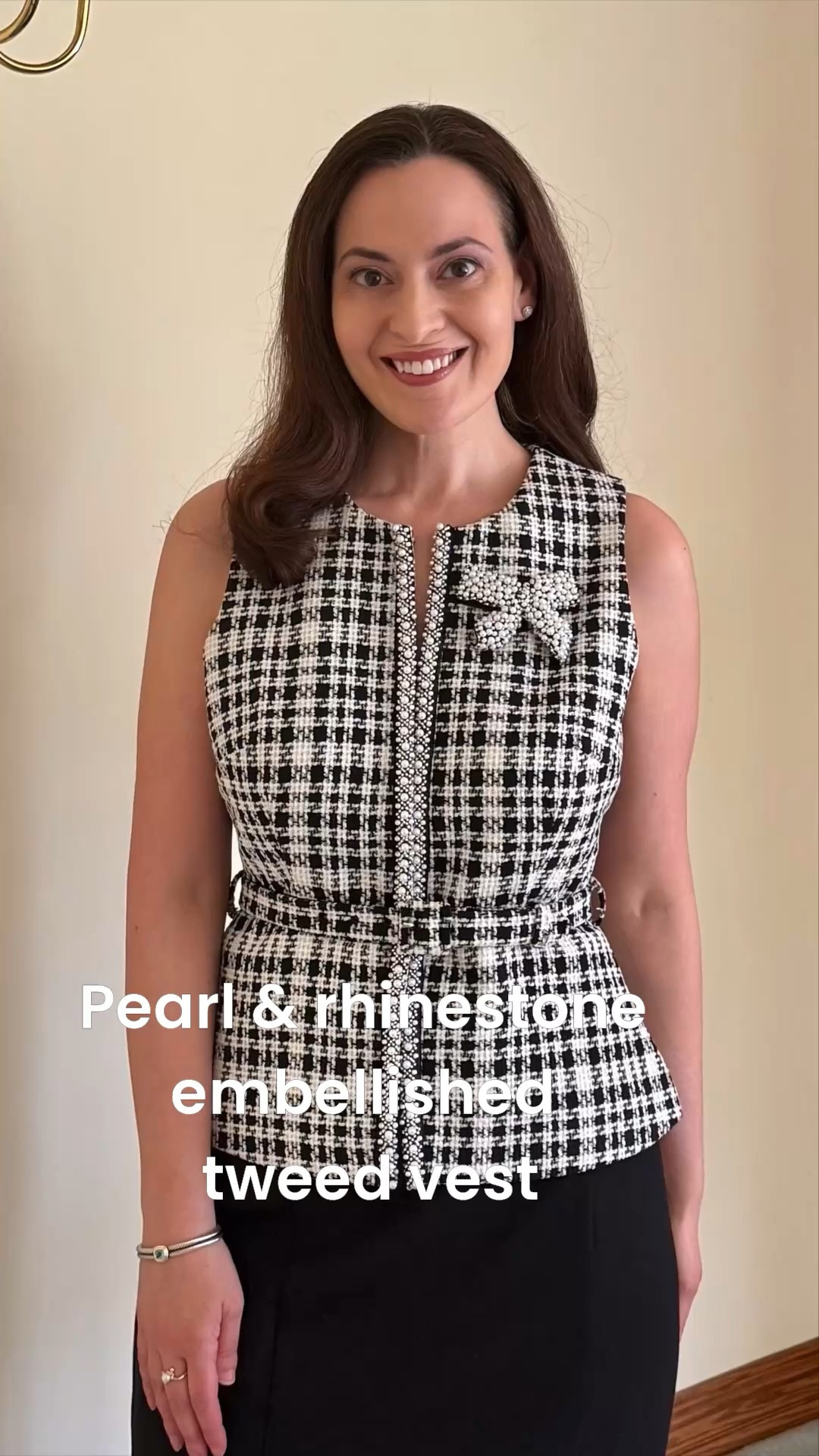 work outfits - What to wear now - I love this black & white tweed sleeveless vest. It’s embellished with pearls and rhinestones. The neckline is super flattering and the belt accentuates your waist giveing a tailored silouette. The pearl brooch is removable which is great since you can use it to accessorize something else. The vest / top runs slightly big under the arms so you may want to go down a size. I’m wearing the size 2. 

#LTKWorkwear #LTKOver40 #LTKSaleAlert