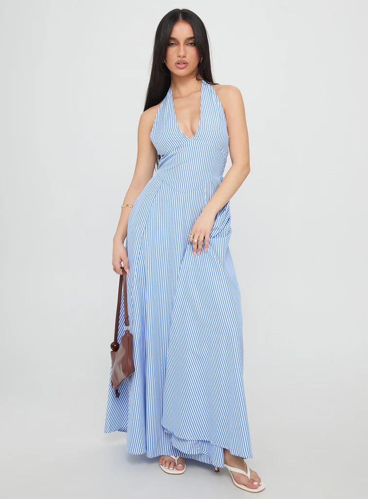Ivie Halter Plunge Maxi Dress Blue Stripe | Princess Polly US