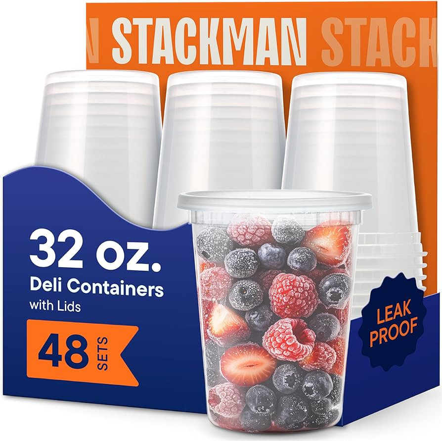 Stack Man 32 oz Deli Containers with Lids (48 Sets) \u2013 Quart Clear Plastic Food Storage Conta... | Amazon (US)