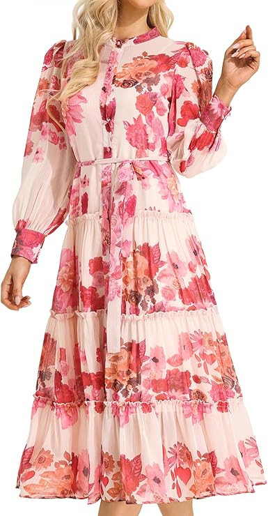 Maxi Pink Tea Party Dress Vacation Chiffon Dress Midi Sleeve Button Down Dress for Women Flower D... | Amazon (US)