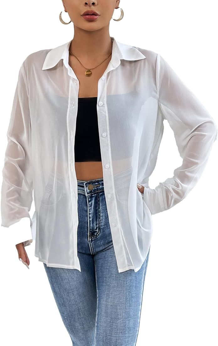 Verdusa Women's Sheer Mesh Button Up Shirt Long Sleeve See Through Blouse | Amazon (US)