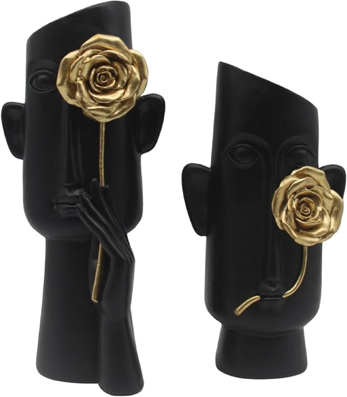 2 PCS Black People Face Statue, Black Statue and Gold Flower Living Room Decor,People Head Figuri... | Amazon (US)