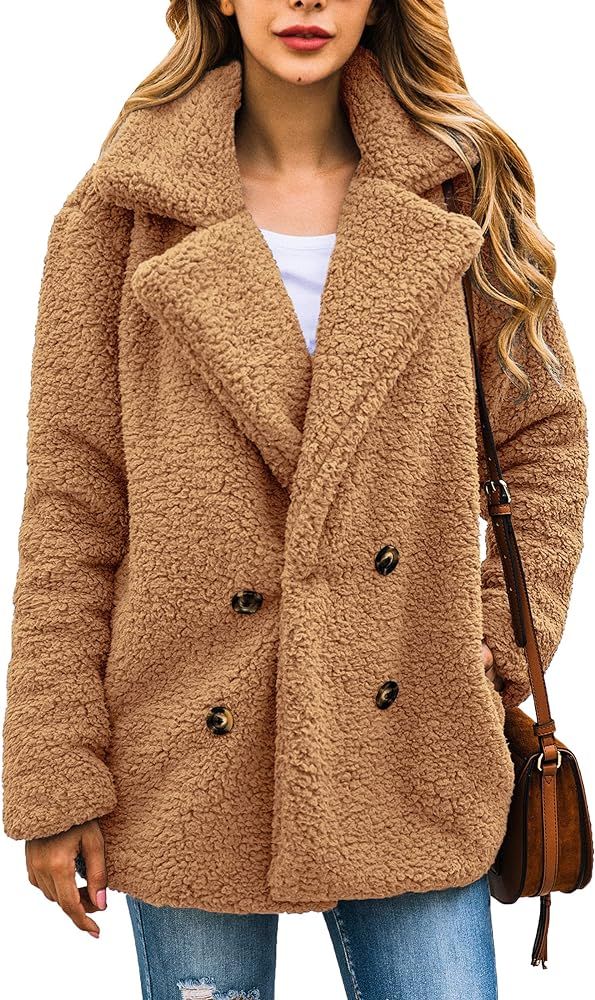 ECOWISH Women's Sherpa Jacket Casual Lapel Fleece Fuzzy Faux Shearling Zipper Teddy Coat Oversize... | Amazon (US)