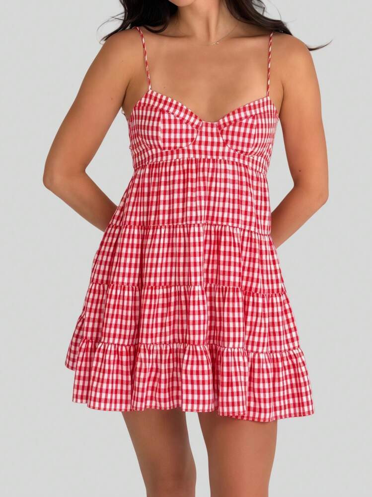 Women's Y2K Summer Plaid Cami Dress Spaghetti Strap Sweetheart Neck Casual Dress Sleeveless Tiered Hem Back Lacing Mini Dresses Streetwear | SHEIN