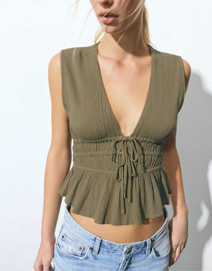 Pull&Bear Crepe top with ties in green | ASOS (Global)