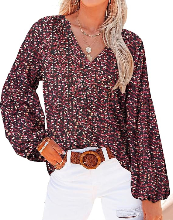 BTFBM Women Casual Boho Blouse Dressy Floral Puff Long Sleeve Shirts V Neck Lightweight Chiffon S... | Amazon (US)