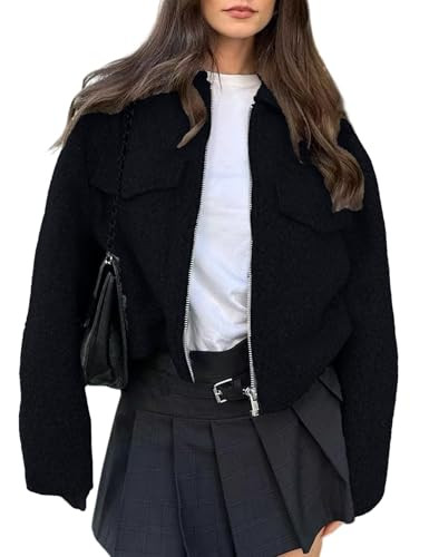 hathne Women's Wool Coat Casual Copped Bomber Jacket Zip Up Fall Shacket Coat Outerwear with Pockets(Black,S) | Amazon (US)