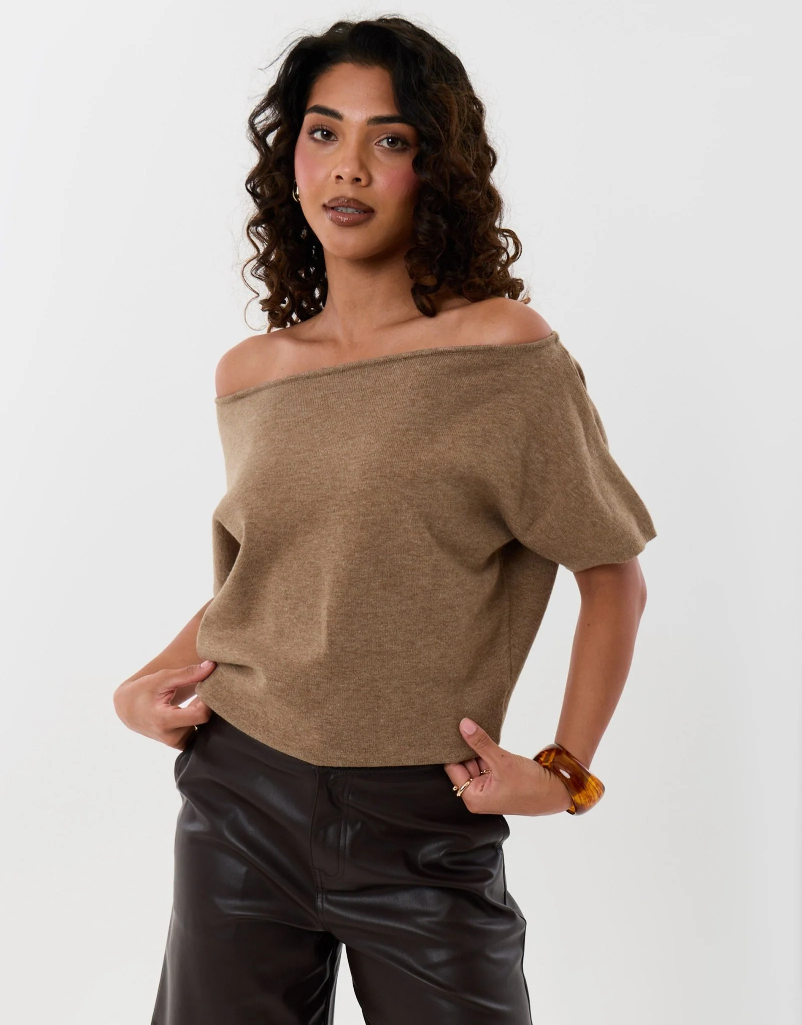 Short Sleeve Slash Neck Jumper in Beige | Threadbare