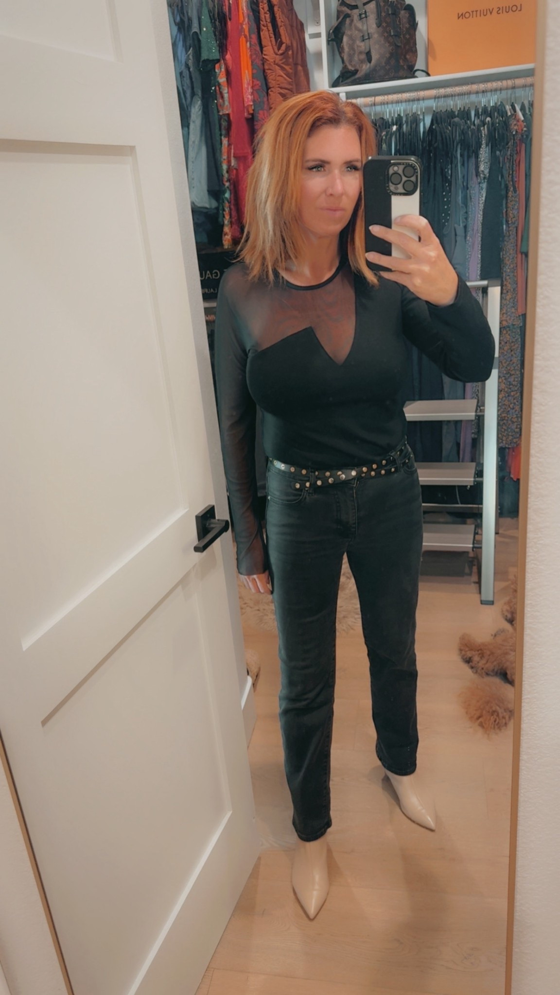 Girls night out or date night | black grey jeans | studded belt | black sheer long sleeves top | beige booties 🖤

#LTKdayinmylife #LTKPetite #LTKOver40