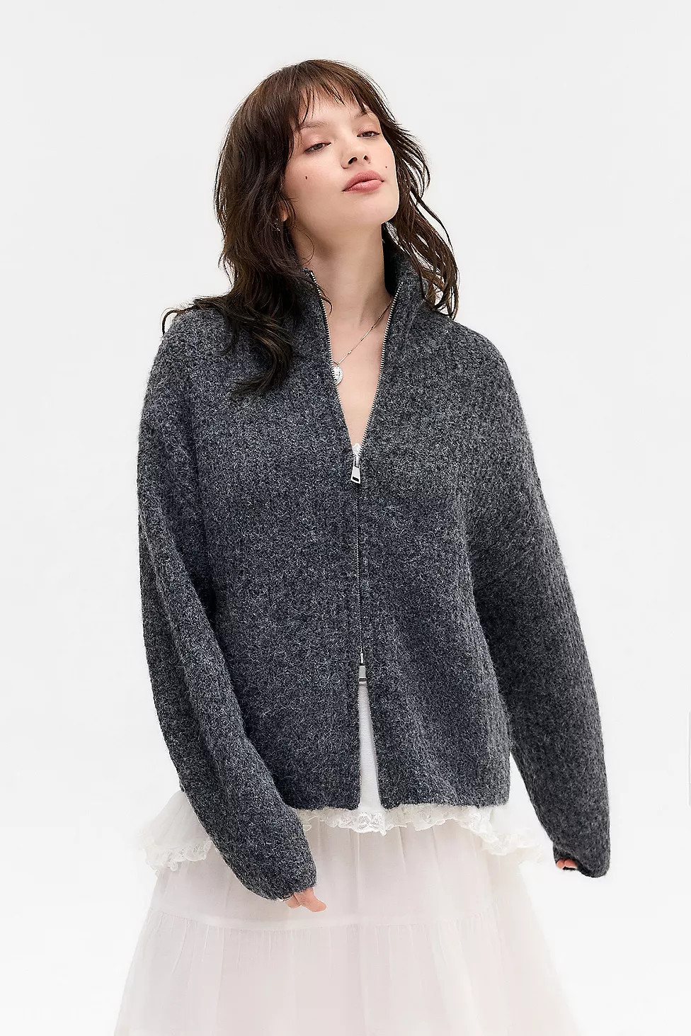 UO Finn Funnel Neck Zip-Through Cardigan | Urban Outfitters UK