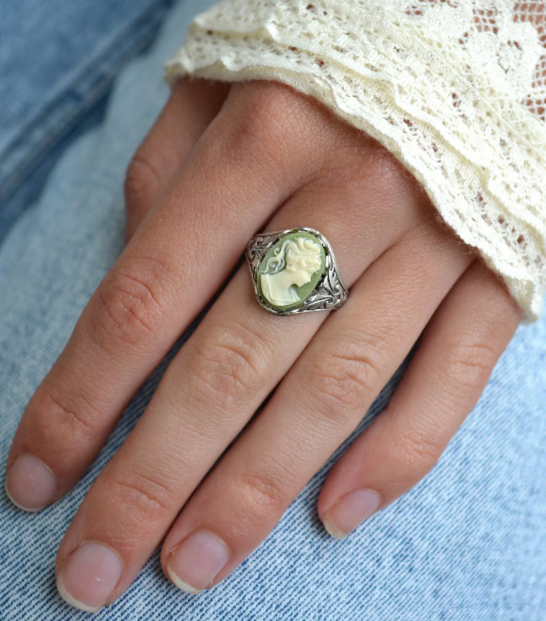 Cameo Ring Antique Silver Plated Finish Adjustable Green - Etsy | Etsy (US)