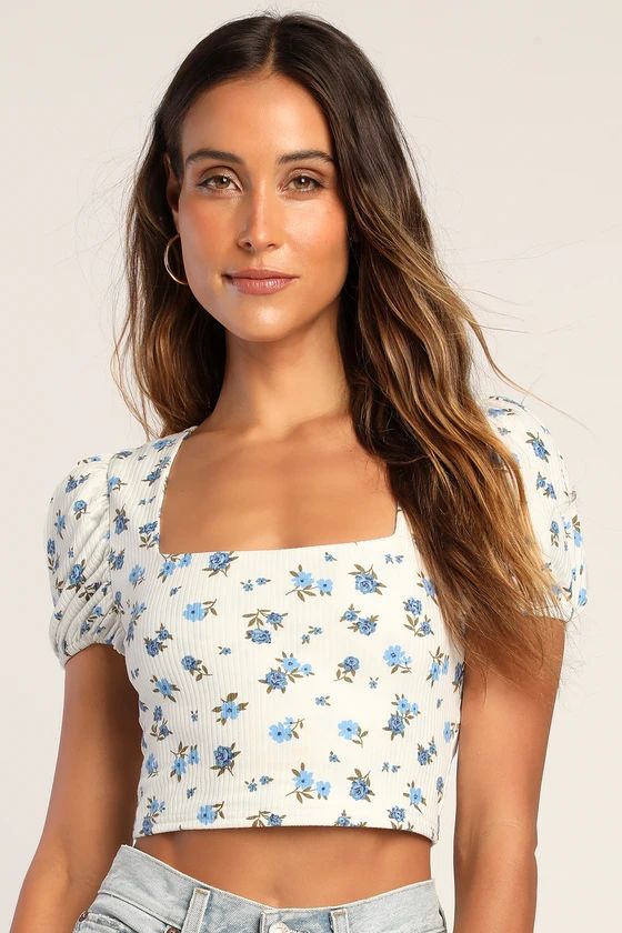 Sugar and Spice Blue Floral Print Ribbed Puff Sleeve Crop Top | Lulus (US)