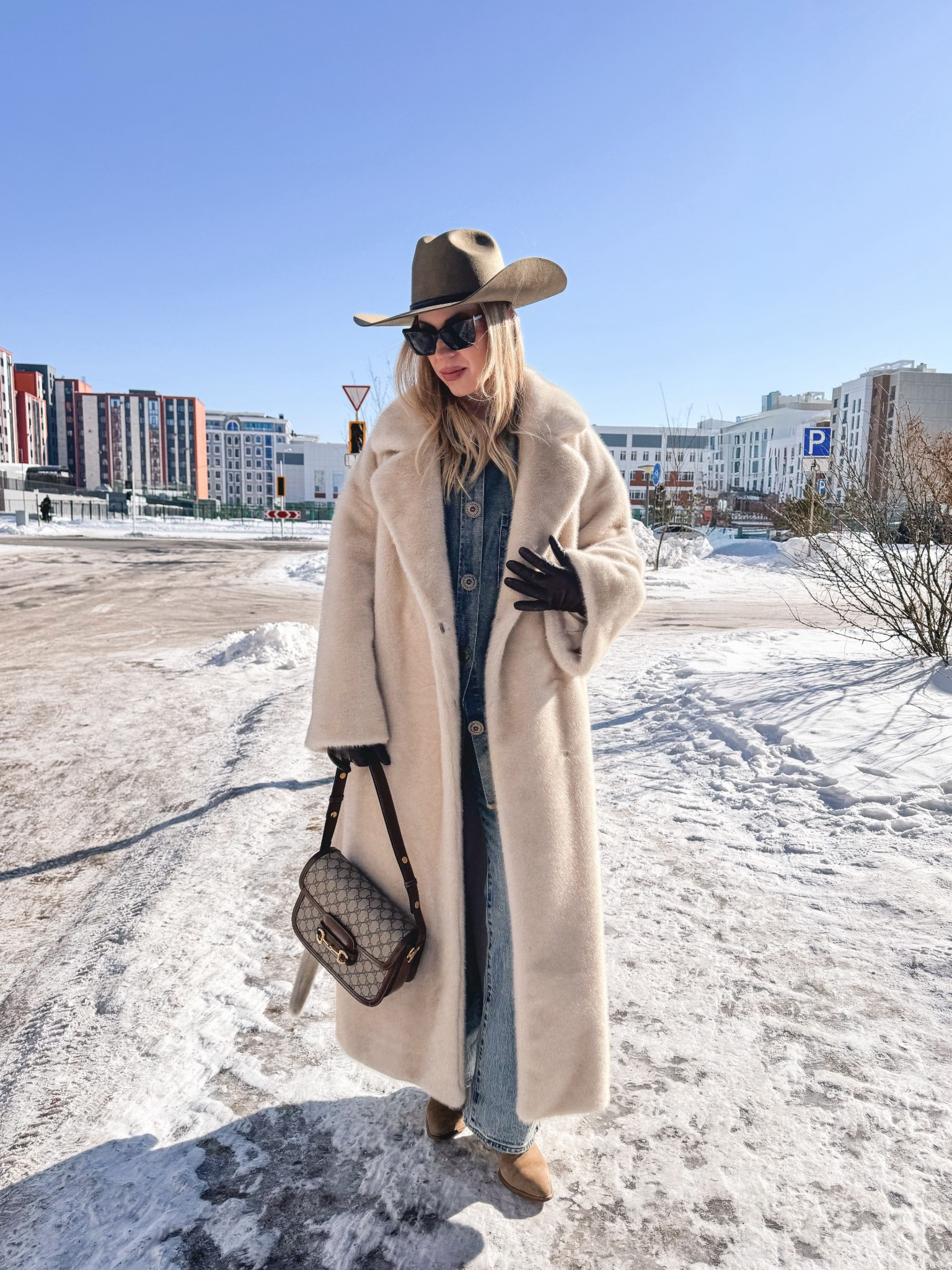 Beige faux fur coat, shearling coat, western style outfit, @Janessa Leone western hat, @Levi's bootcut jeans, all denim outfit 

#LTKSaleAlert #LTKSeasonal #LTKOver40