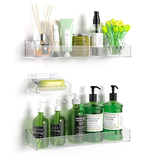 BSSOYAMM Acrylic Shower Shelves with Soap Dish, 3-Pack Self Adhesive Clear Shower Organizer, No Drilling Wall Floating Shelves Wall Mounted for Bathroom | Amazon (US)