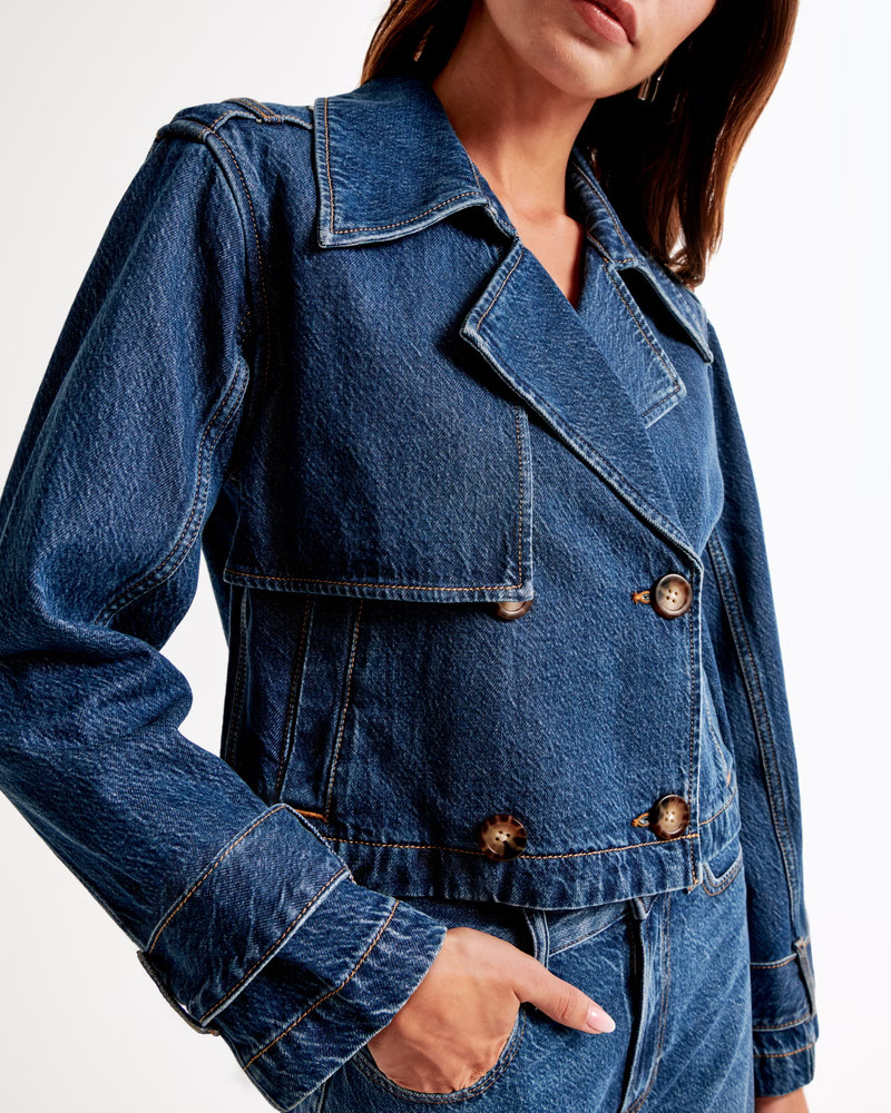 Women's Cropped Denim Trench Coat | Women's New Arrivals | Abercrombie.com | Abercrombie & Fitch (US)