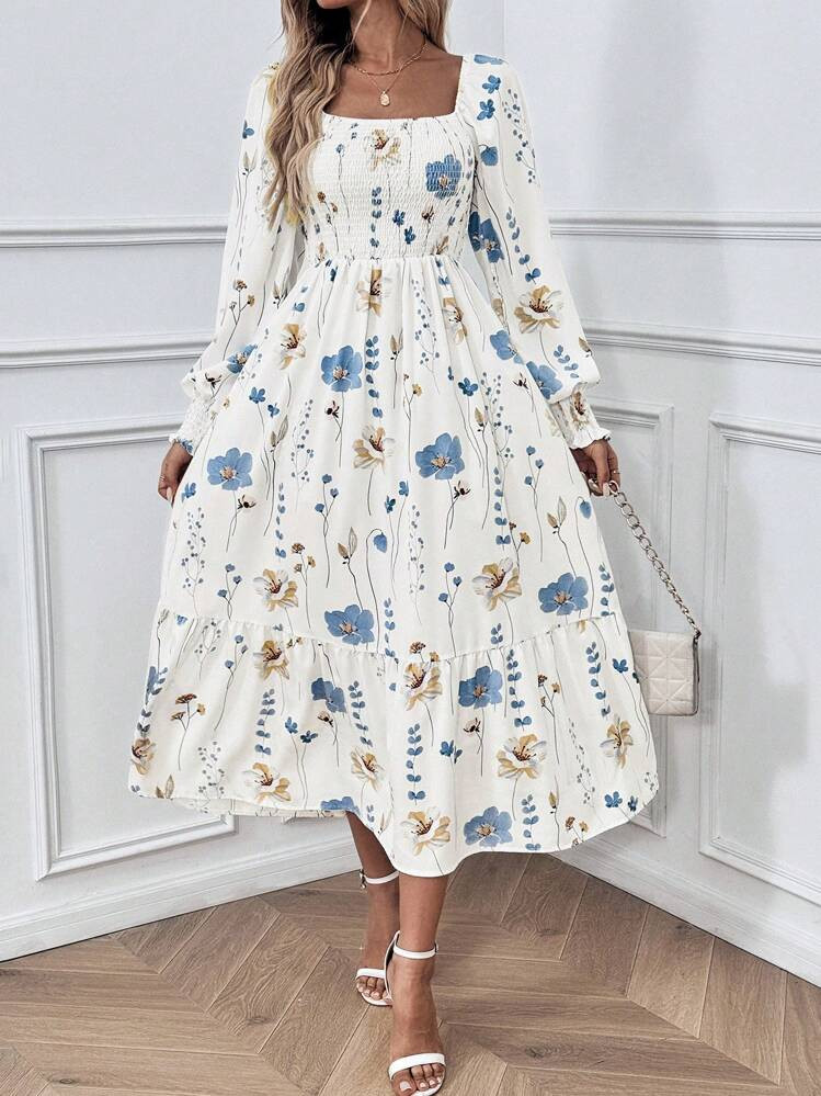 SHEIN Clasi Women Floral Print Square Neck Long Sleeve Dress | SHEIN