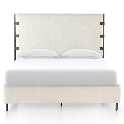 Gerald French Country White Performance Boucle Waxed Black Iron Frame Bed - Queen | Kathy Kuo Home