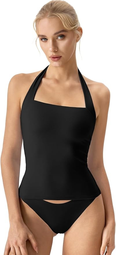 QINSEN Sleeveless Tank Shirts for Womens Double Layer Slimming Fit Basics Square Neck Halter Top | Amazon (US)