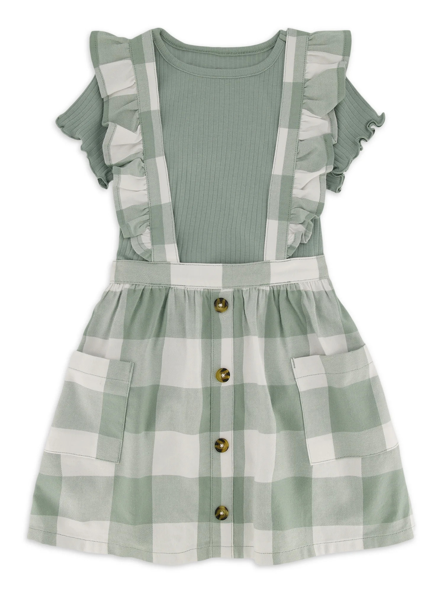 Wonder Nation Baby and Toddler Girls Pinafore Dress Set, 3-Piece, Sizes 12M-5T | Walmart (US)