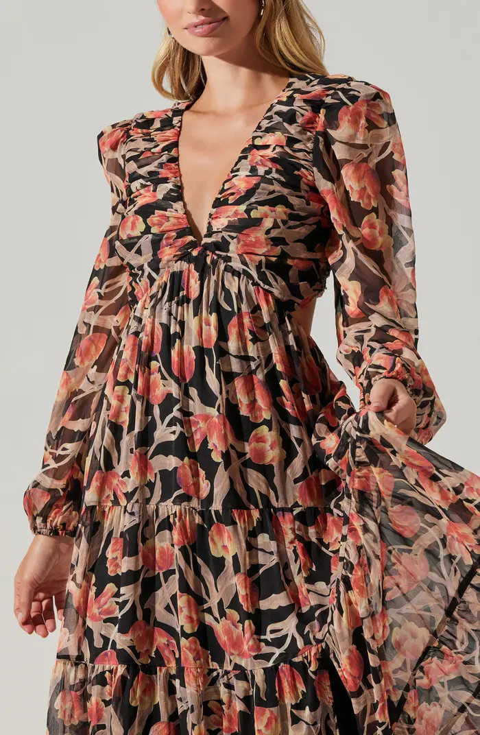 Floral Print Lace-Up Back Long Sleeve Tiered Maxi Dress | Nordstrom