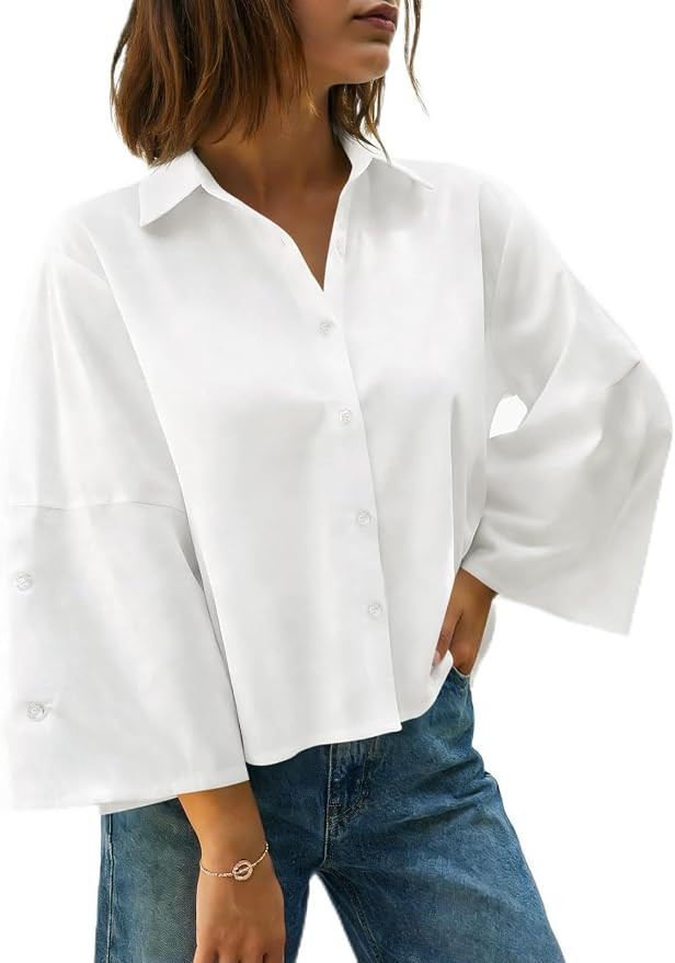 Cicy Bell Womens 3/4 Bell Sleeve Button Down Shirts V Neck Trendy Casual Blouses Loose Fit Work C... | Amazon (US)