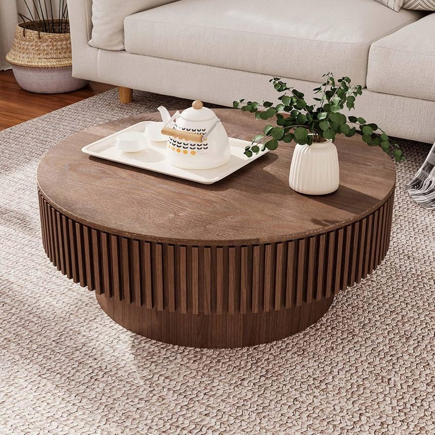 Round Coffee Table with Storage, Modern Wooden Coffee Table with Solid Wood Veneered, Circle Cent... | Amazon (US)