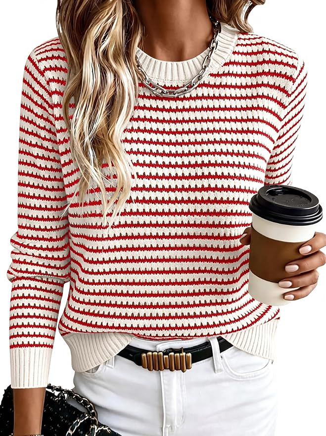 ANRABESS Women Long Sleeve Striped Crochet Sweater Top | Amazon (US)