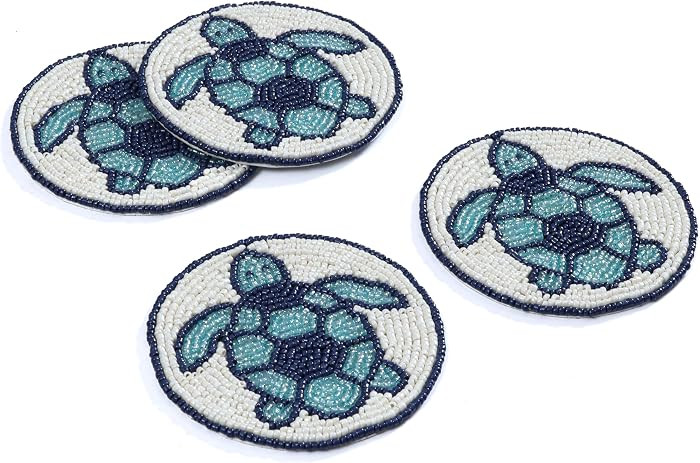 Set of 4 Beaded Farmhouse Coasters - 4" Round Turtle Desigh Boho Drink Coasters, Absorbent Table ... | Amazon (US)