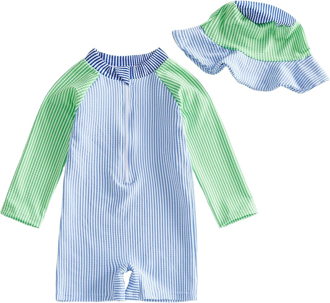 Toddler Baby Boys Seersucker Long Sleeve One Piece Rash Guard Swimsuit Zipper Bathing Suit Swimwe... | Amazon (US)
