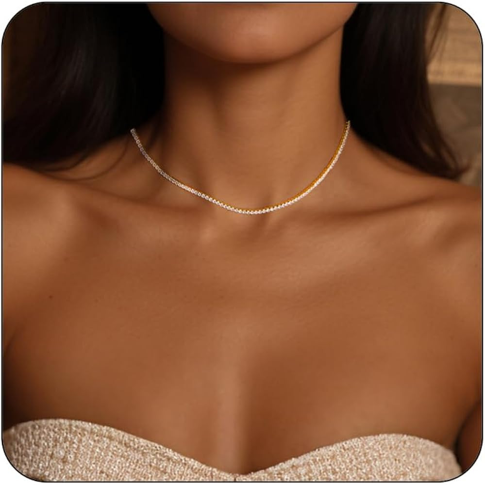 Dainty Tennis Necklaces for Women 14K Gold Plated Thin CZ Tennis Necklace Faux Diamond Tennis Cha... | Amazon (US)