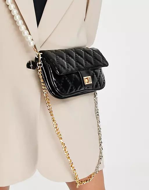 Ego quilted bag with pearl and chain strap in black | ASOS | ASOS (Global)
