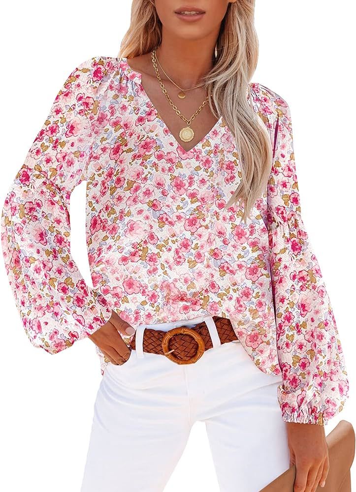Utyful Womens Long Sleeve Blouse Boho Tops for Women Casual Floral Dressy Blouses V Neck Shirts | Amazon (US)