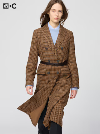 Women's Double Breasted Long Coat Checked Brown Large UNIQLO US | UNIQLO (US)
