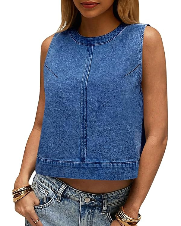 Cicy Bell Womens Denim Tank Tops Crew Neck Summer Casual Sleeveless Shirts Cropped Loose Fit Jean... | Amazon (US)