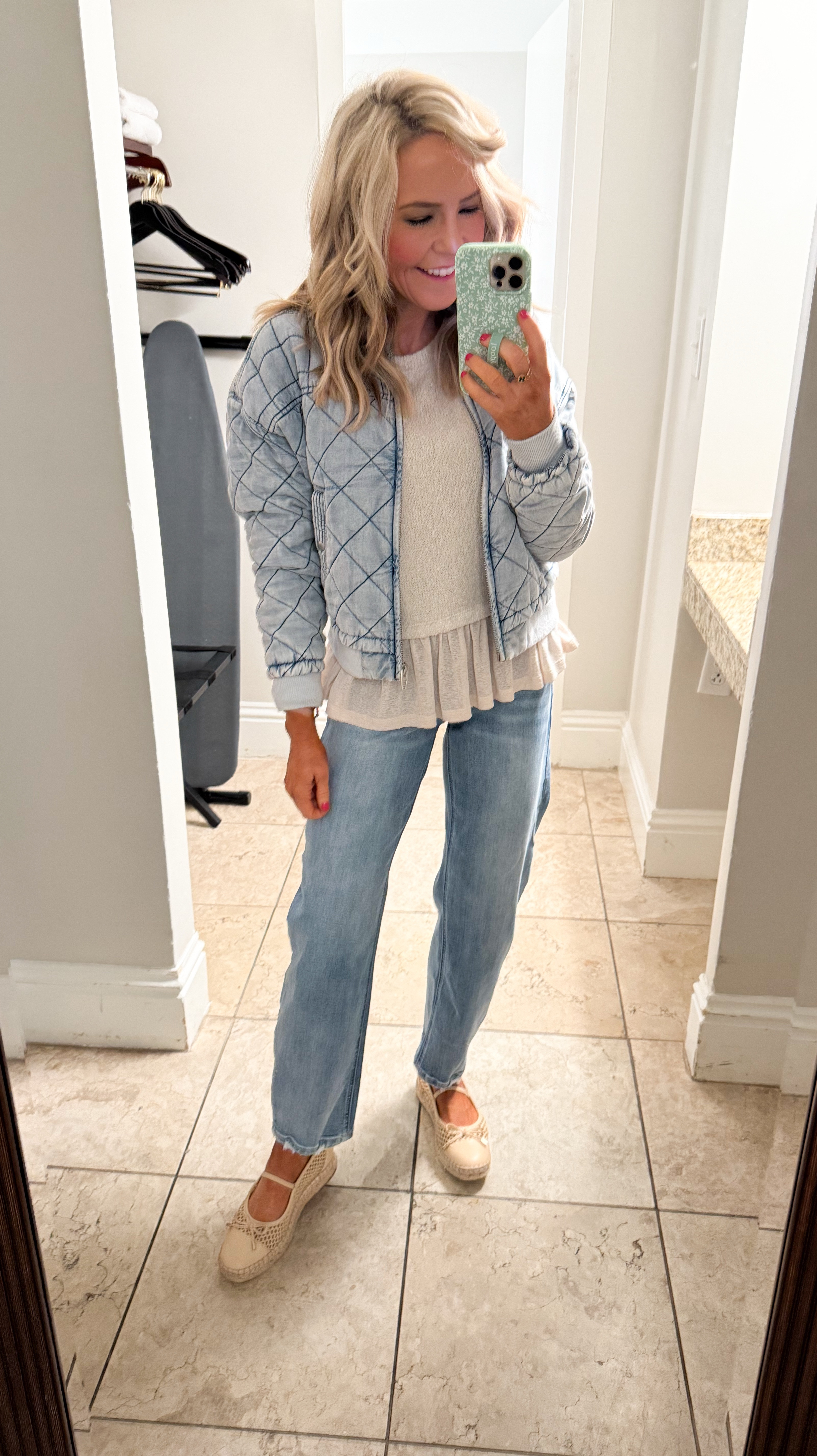 another day: another denim and comfy dance mom outfit! wearing XS in jacket, XXS in top and size 24 in jeans (natasha15 for 15% off) • 

#LTKFindsUnder100 #LTKStyleTip #LTKOver40