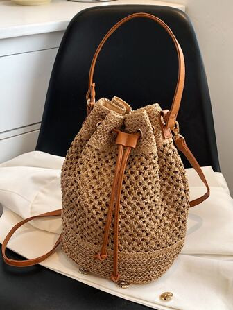 Mini Drawstring Design,Women Bags For Vacation,Holiday,Straw Purse,Straw Beach Bag,Beach Necessit... | SHEIN