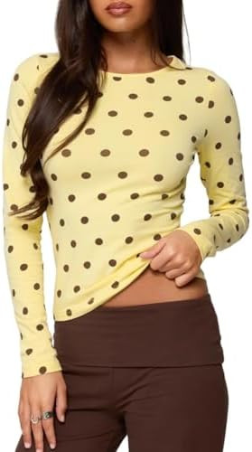 Seyumixi Polka Dot Tops for Women Y2K Long Sleeve Crop Top Vintage Cute Slim Fit Crew Neck Shirt ... | Amazon (US)